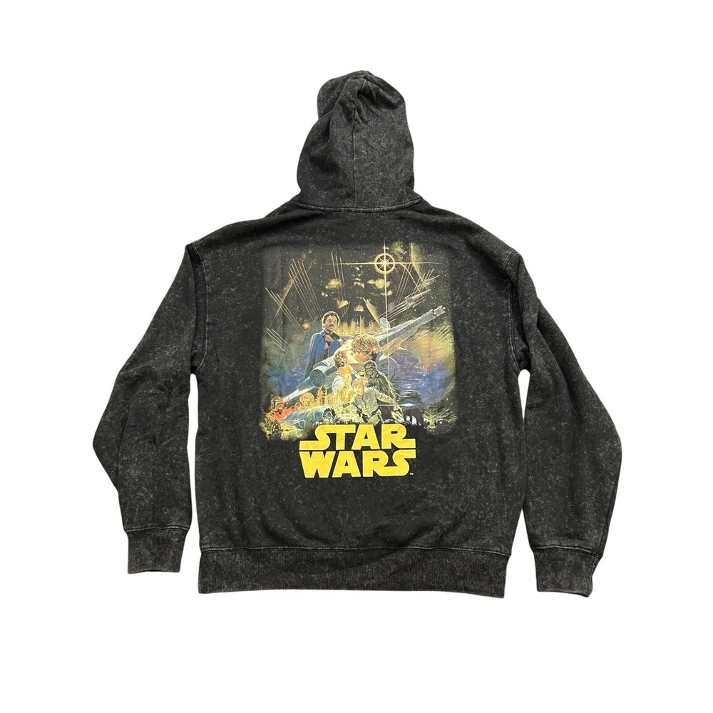Star Wars‎ Mens Mineral Wash Hoodie Black Yellow Logo Graphic Sweatshirt Medium